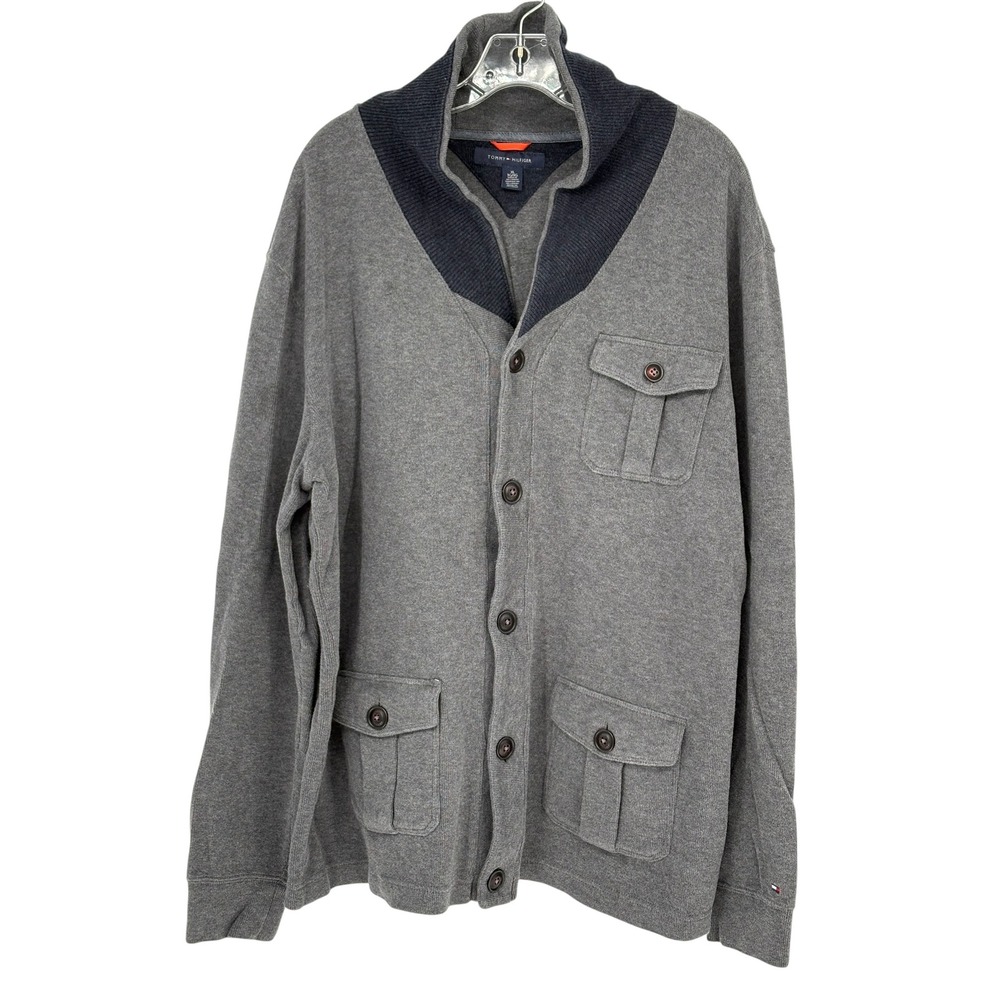 Tommy Hilfiger Cardigan Sweater‎ Gray Shawl Collar 100% Cotton XL